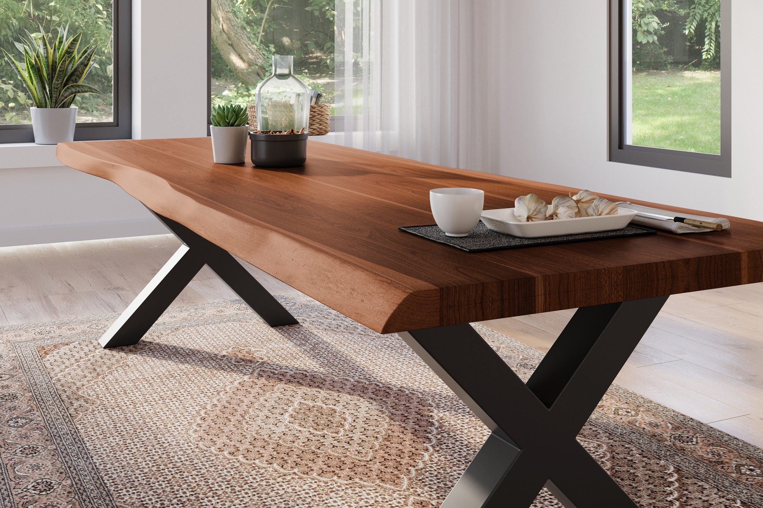 Esstisch 300 x 100 cm Akazie massiv nussbaum Baumkantentisch X-Gestell schwarz ATLAS – Bild 5