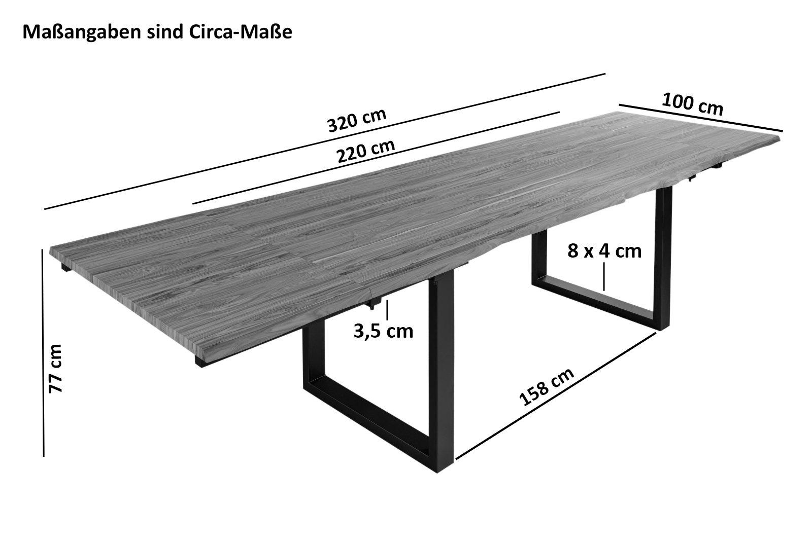 B-Ware Baumkantentisch nougat 220(320)x100cm mit Ansteckplatten U-Gestell schwarz BARCELONA – Bild 2
