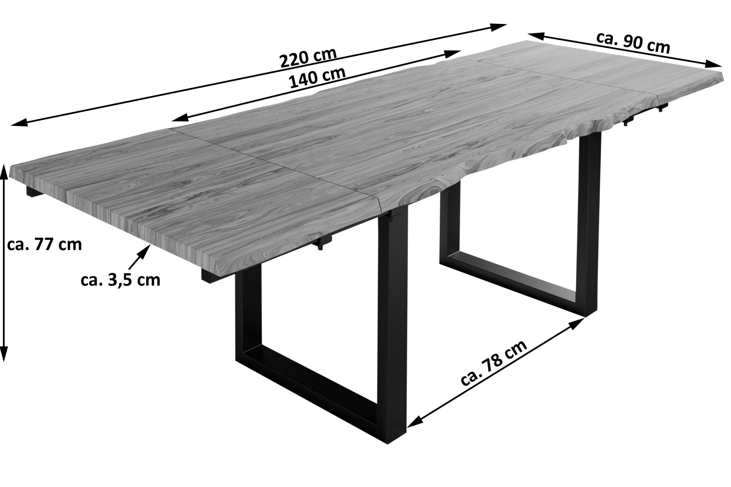 B-Ware Baumkantentisch stone 140(220)x90cm mit Ansteckplatten U-Gestell schwarz BARCELONA – Bild 3