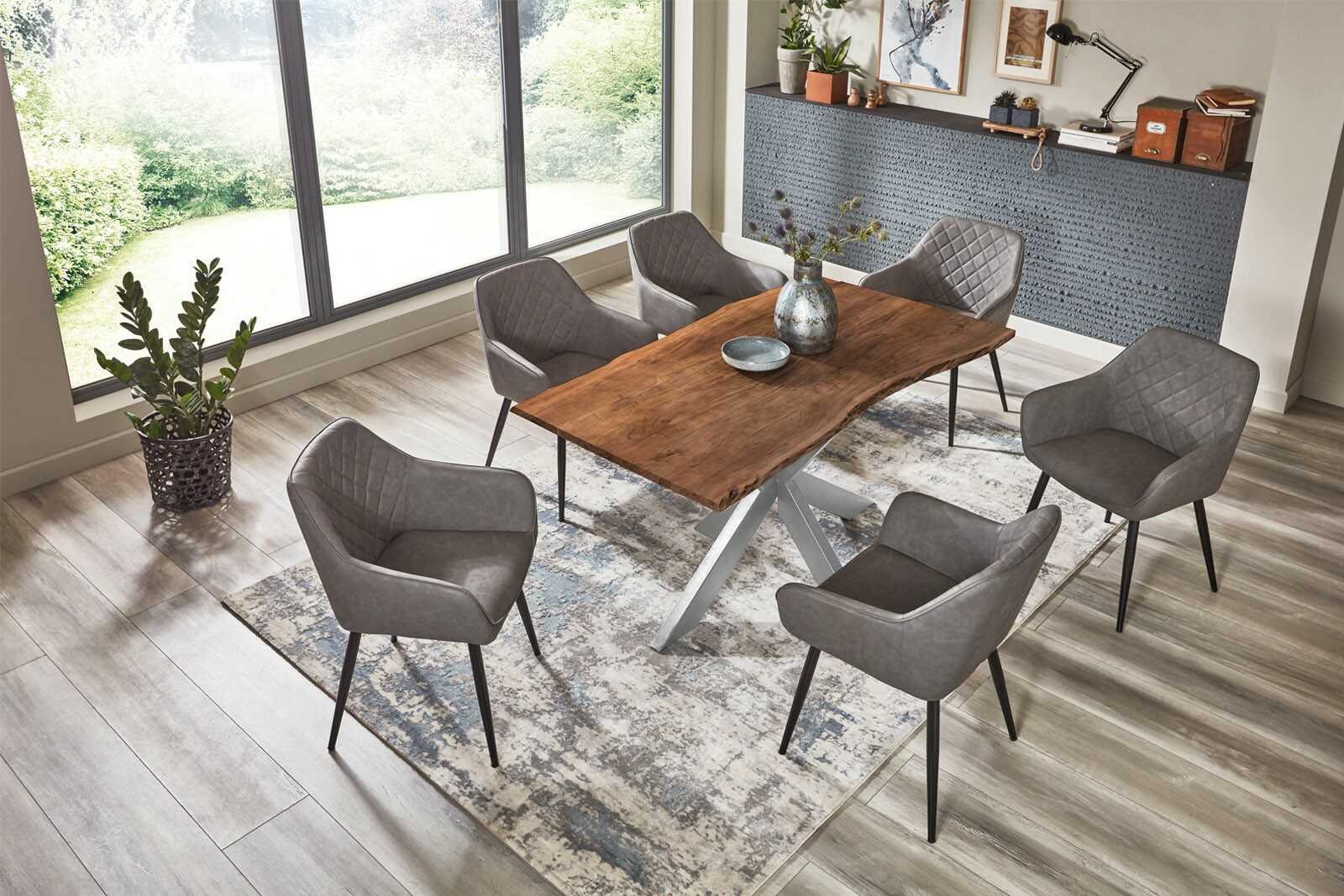 Esstisch Baumkante massiv Akazie nussbaum 140 x 80 Spider-Gestell silber BENNI – Bild 5