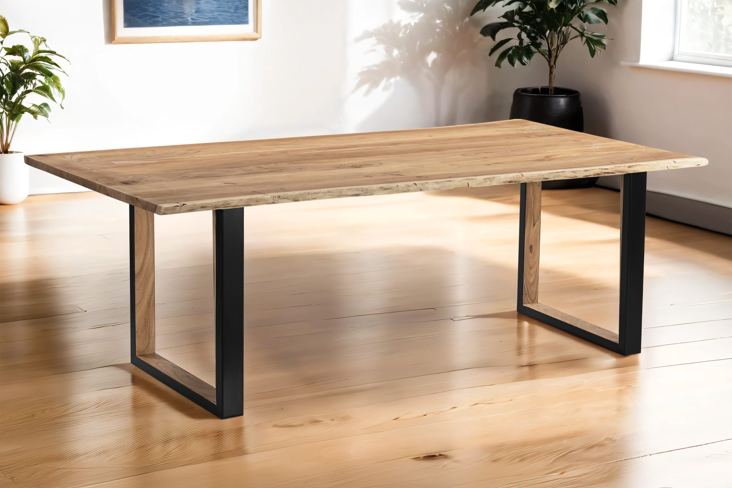 Esstisch 300x100cm Akazie massiv natur Baumkante U-Gestell aus Metall + Holz BRISBANE