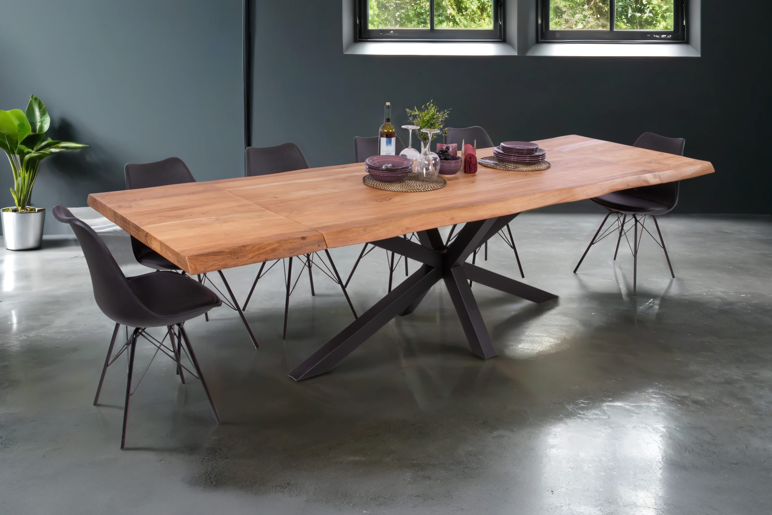 Esstisch mit Ansteckplatten 180(280)x90 cm Baumkante Akazie natur Spider-Gestell schwarz CALI – Bild 2