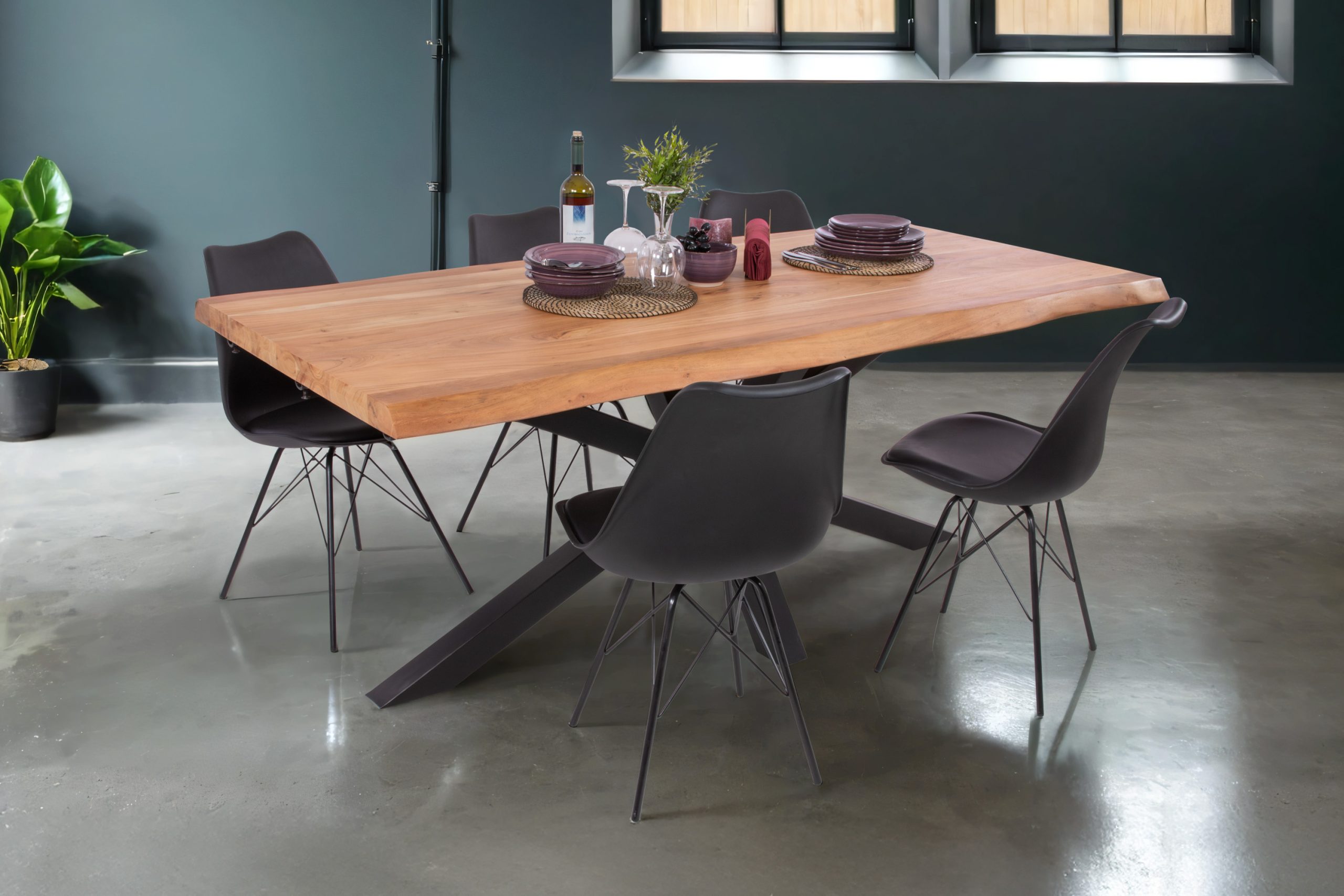 Esstisch mit Ansteckplatten 180(280)x90 cm Baumkante Akazie natur Spider-Gestell schwarz CALI – Bild 4