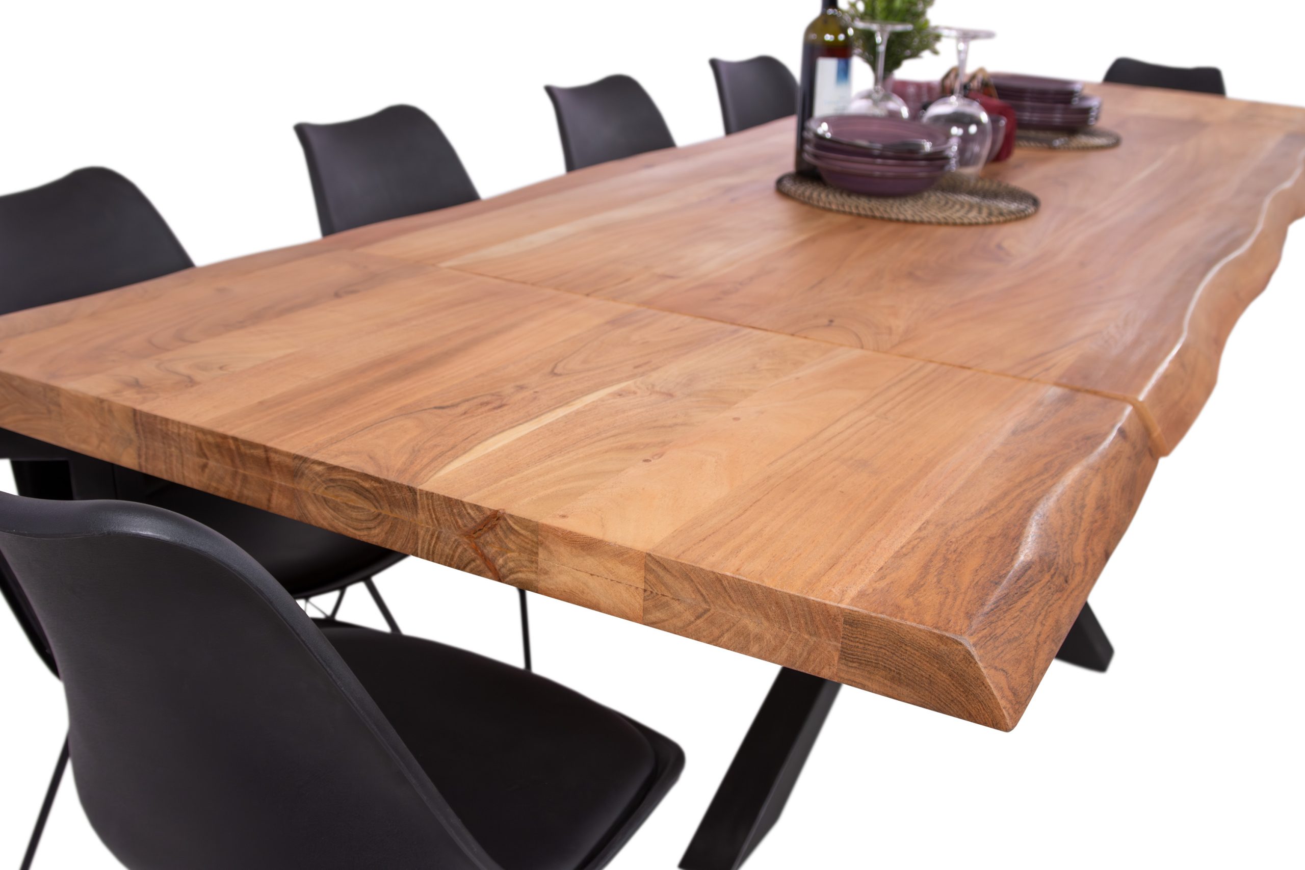 Esstisch mit Ansteckplatten 180(280)x90 cm Baumkante Akazie natur Spider-Gestell schwarz CALI – Bild 5