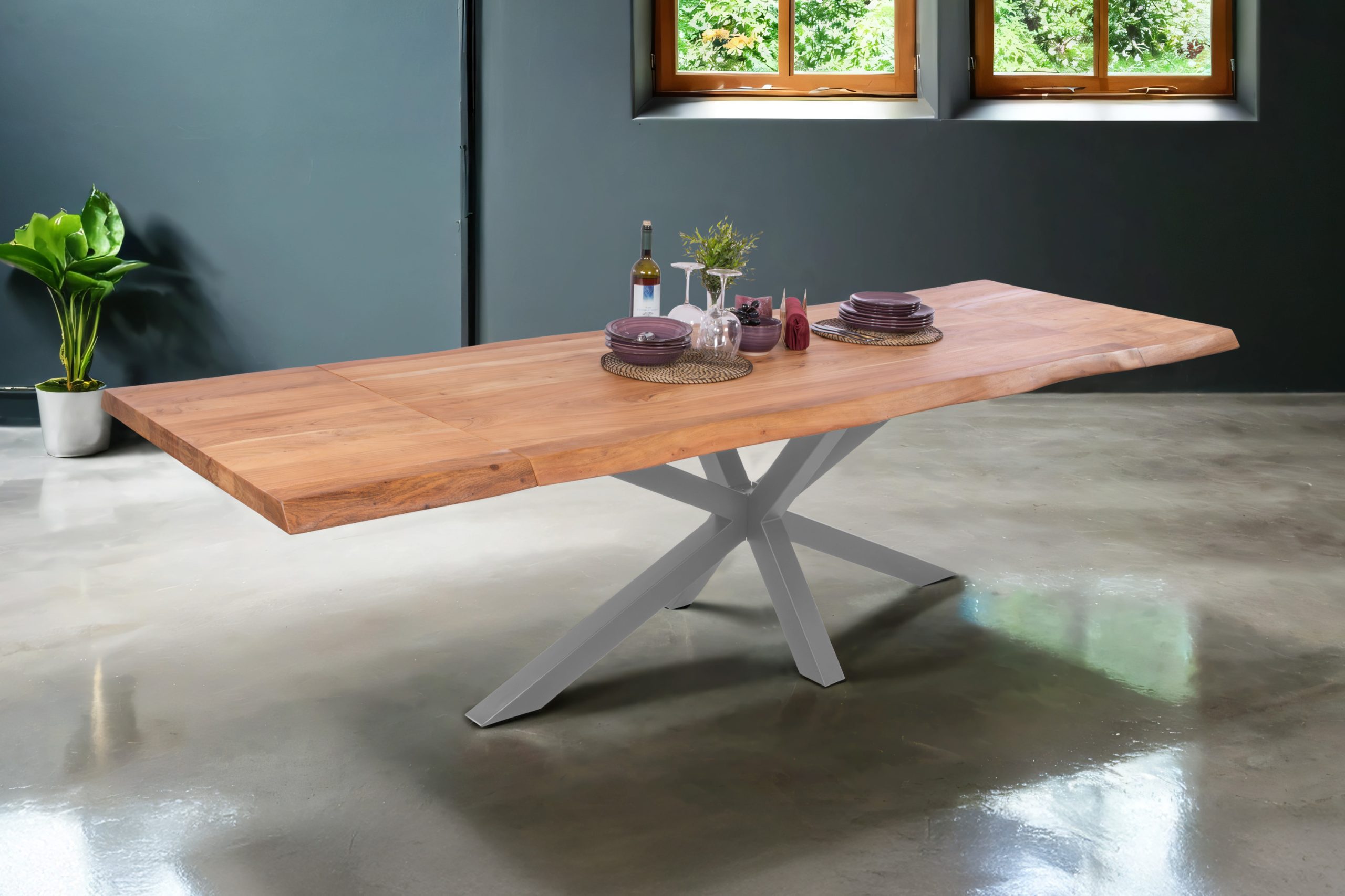 Esstisch mit Ansteckplatten 140(220)x90 cm Baumkante Akazie natur Spider-Gestell silber CALI