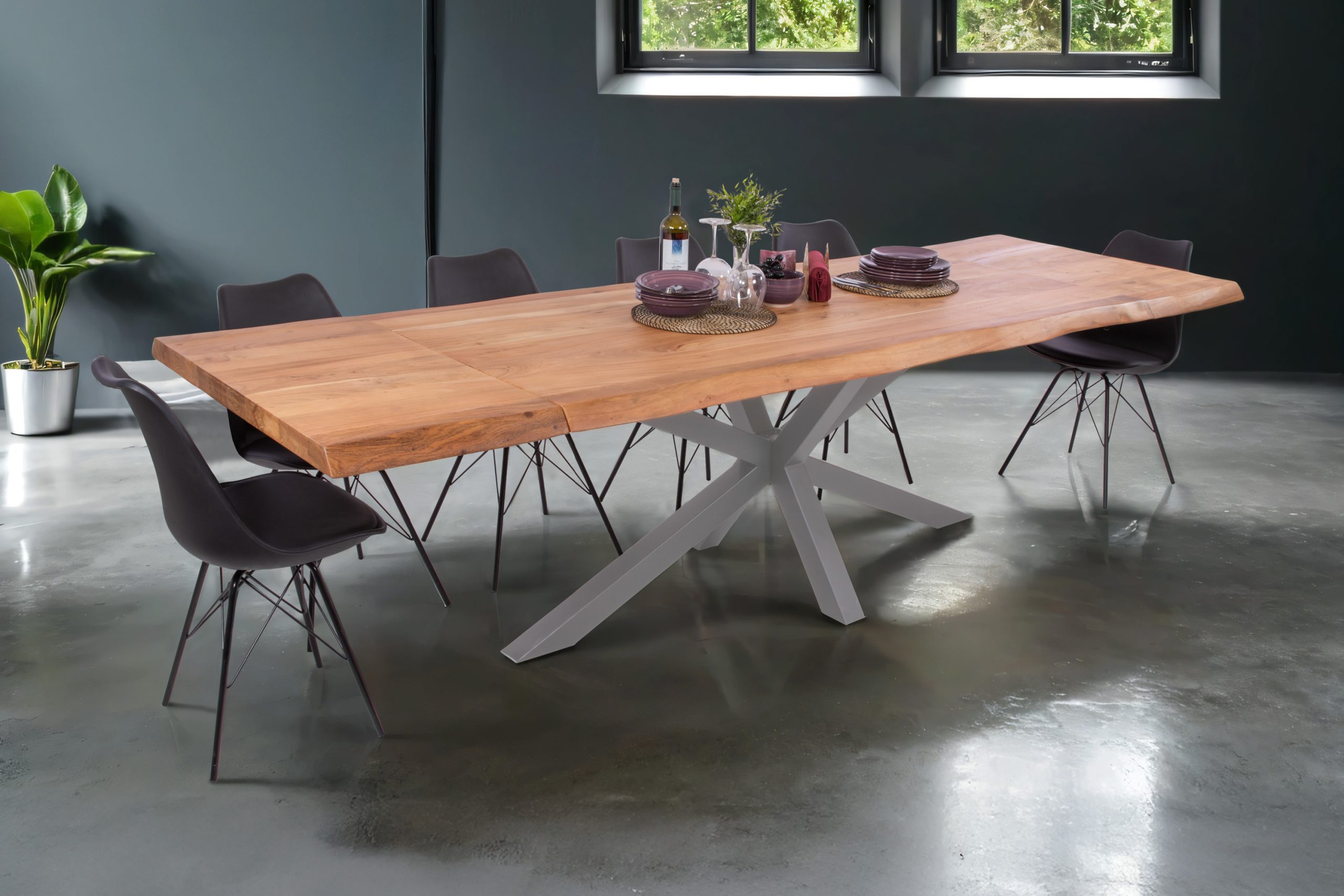 Esstisch mit Ansteckplatten 200(300)x100 cm Baumkante Akazie natur Spider-Gestell silber CALI – Bild 2