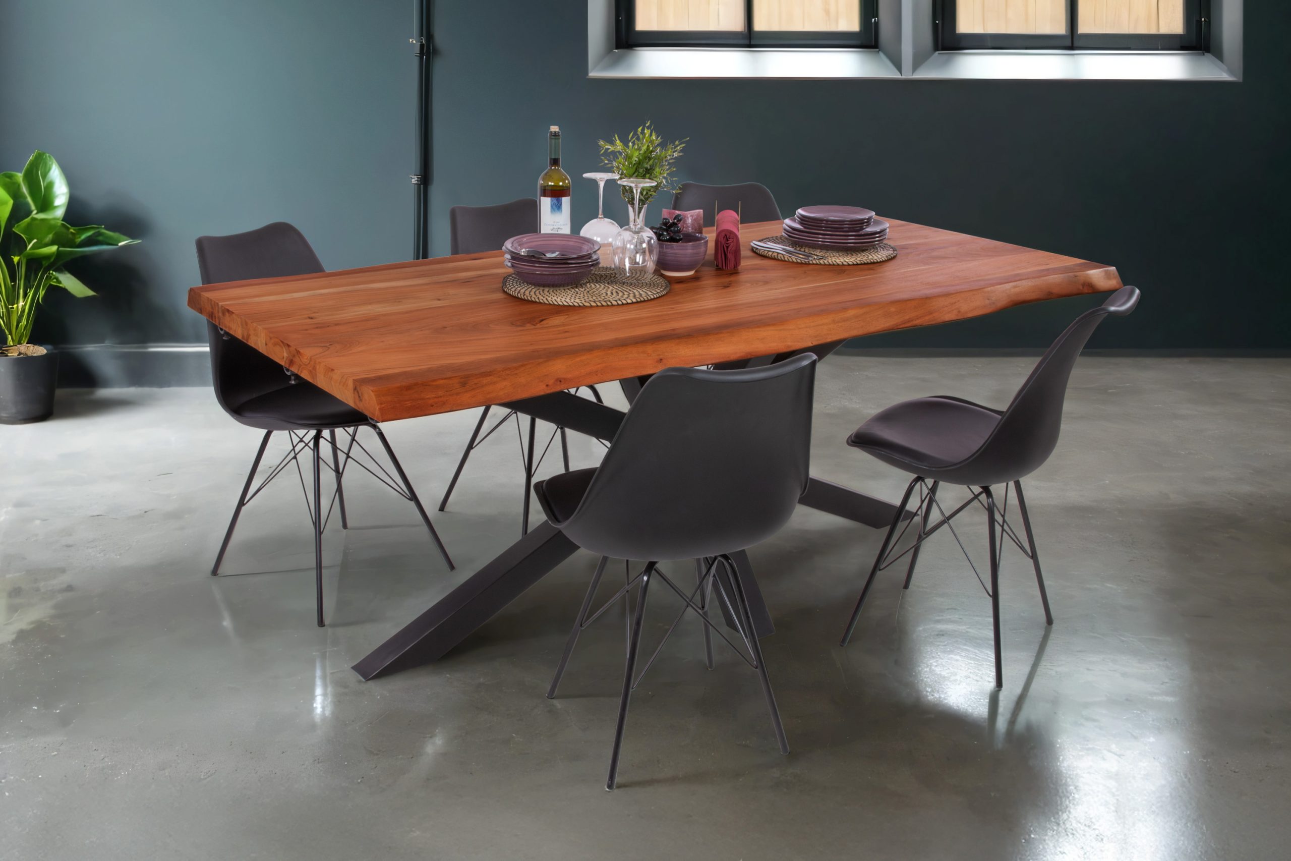 Esstisch mit Ansteckplatten 140(220)x90 cm Baumkante Akazie nussbaum Spider-Gestell schwarz CALI – Bild 4