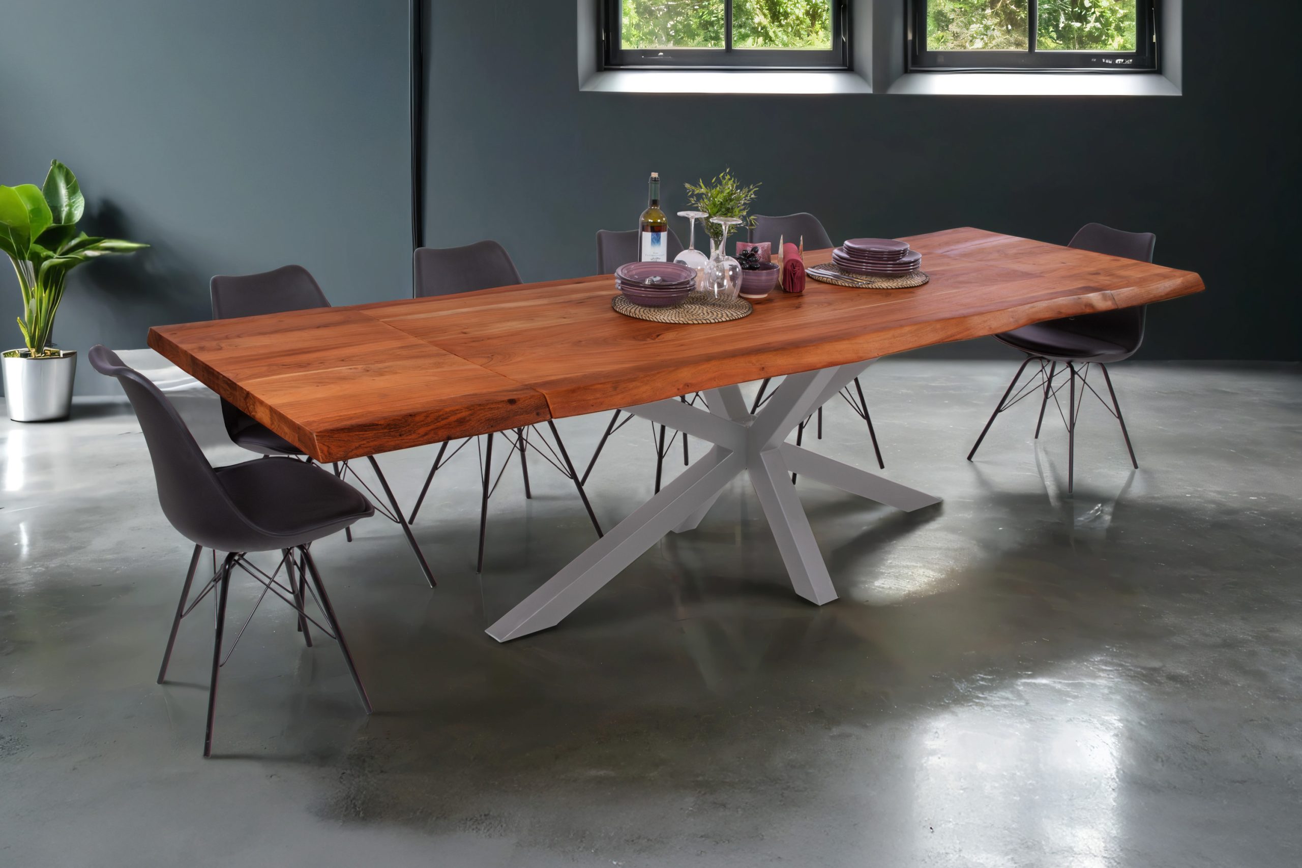 Esstisch mit Ansteckplatten 180(280)x90 cm Baumkante Akazie nussbaum Spider-Gestell silber CALI – Bild 2