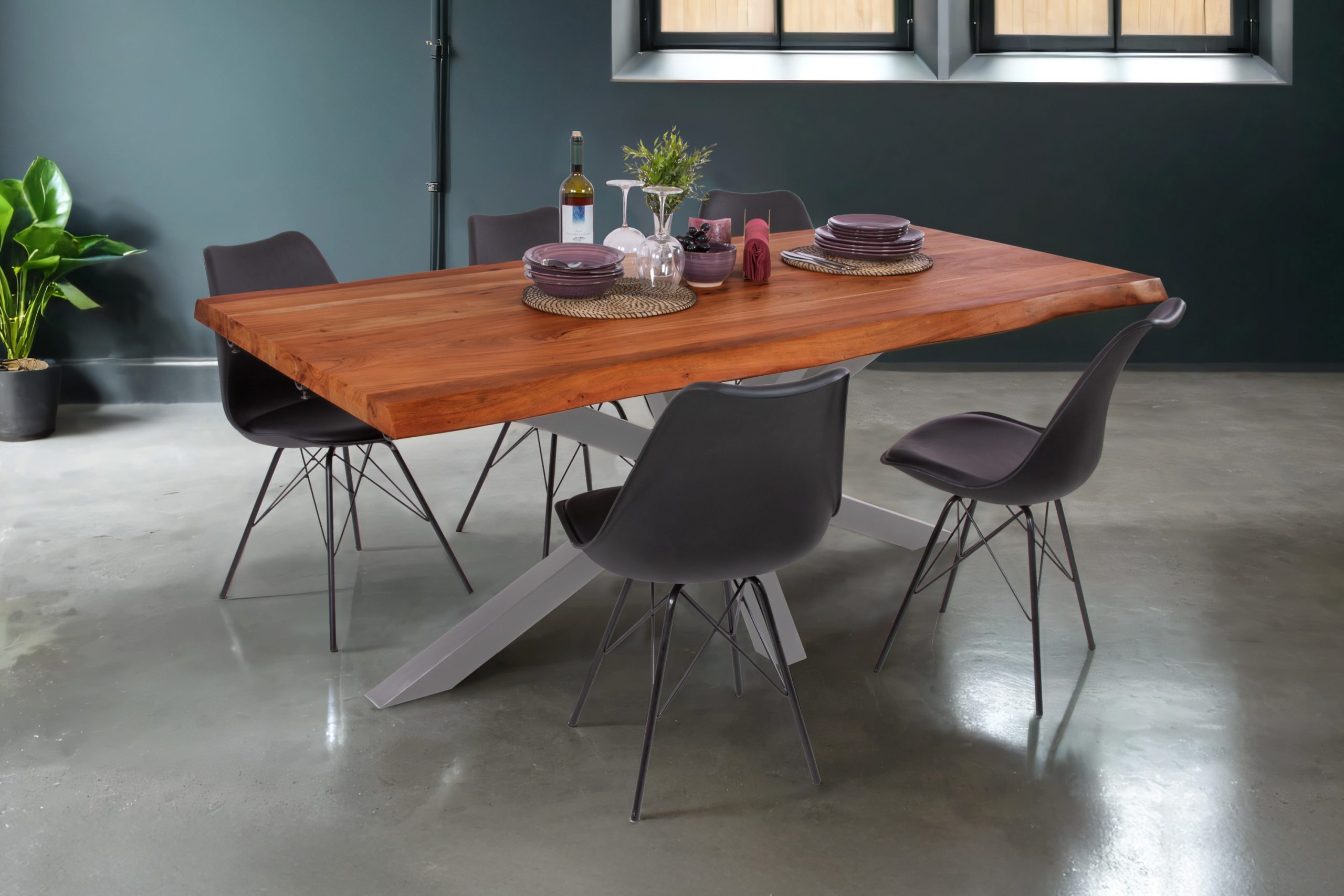 Esstisch mit Ansteckplatten 180(280)x90 cm Baumkante Akazie nussbaum Spider-Gestell silber CALI – Bild 4