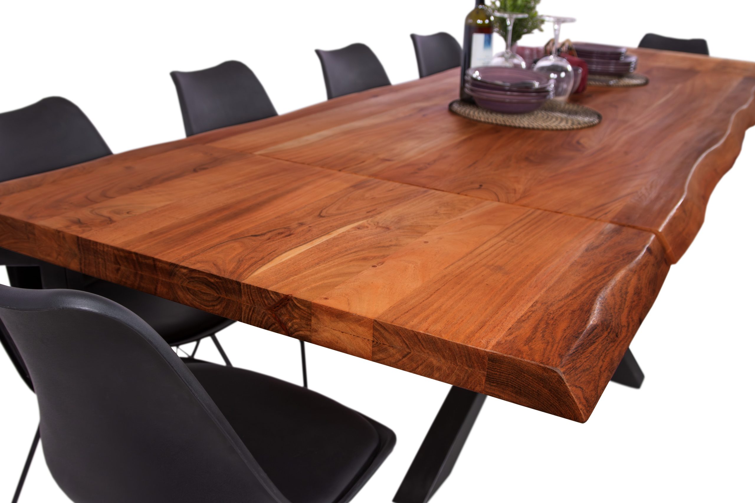 Esstisch mit Ansteckplatten 180(280)x90 cm Baumkante Akazie nussbaum Spider-Gestell silber CALI – Bild 5