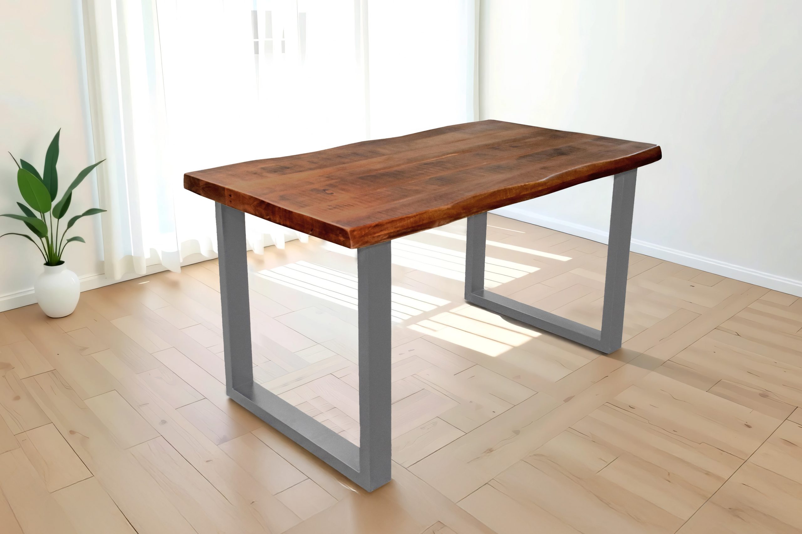 Esstisch Baumkante 120 x 80 cm Mangoholz Honig U-Gestell silber CALI