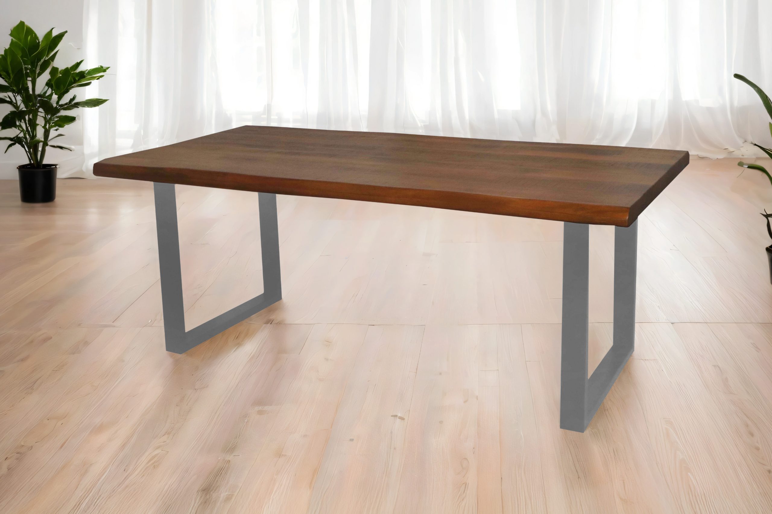 Esstisch Baumkante 200 x 100 cm Mangoholz Honig U-Gestell silber CALI