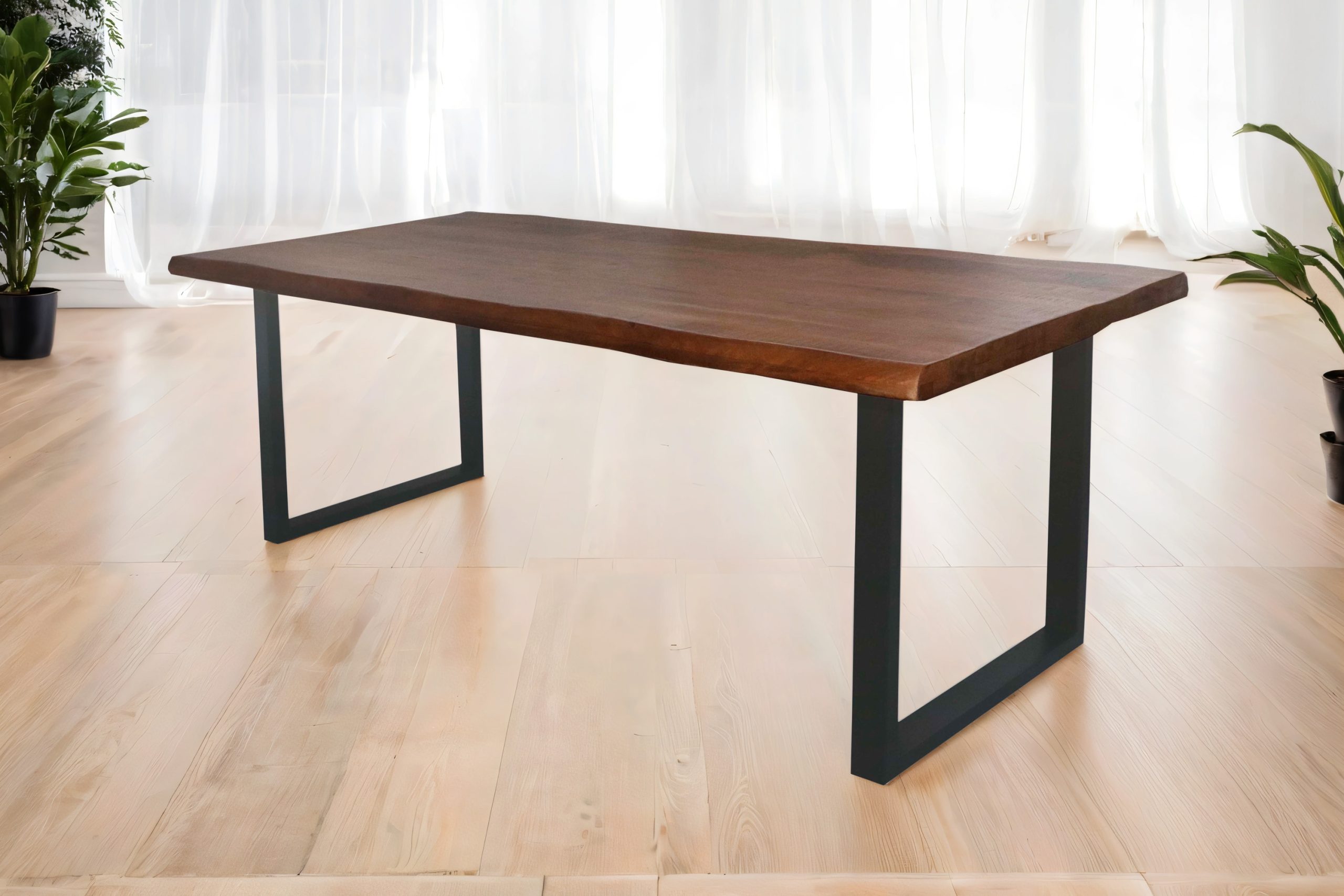 Esstisch Baumkante 240 x 100 cm Mangoholz Honig U-Gestell schwarz CALI