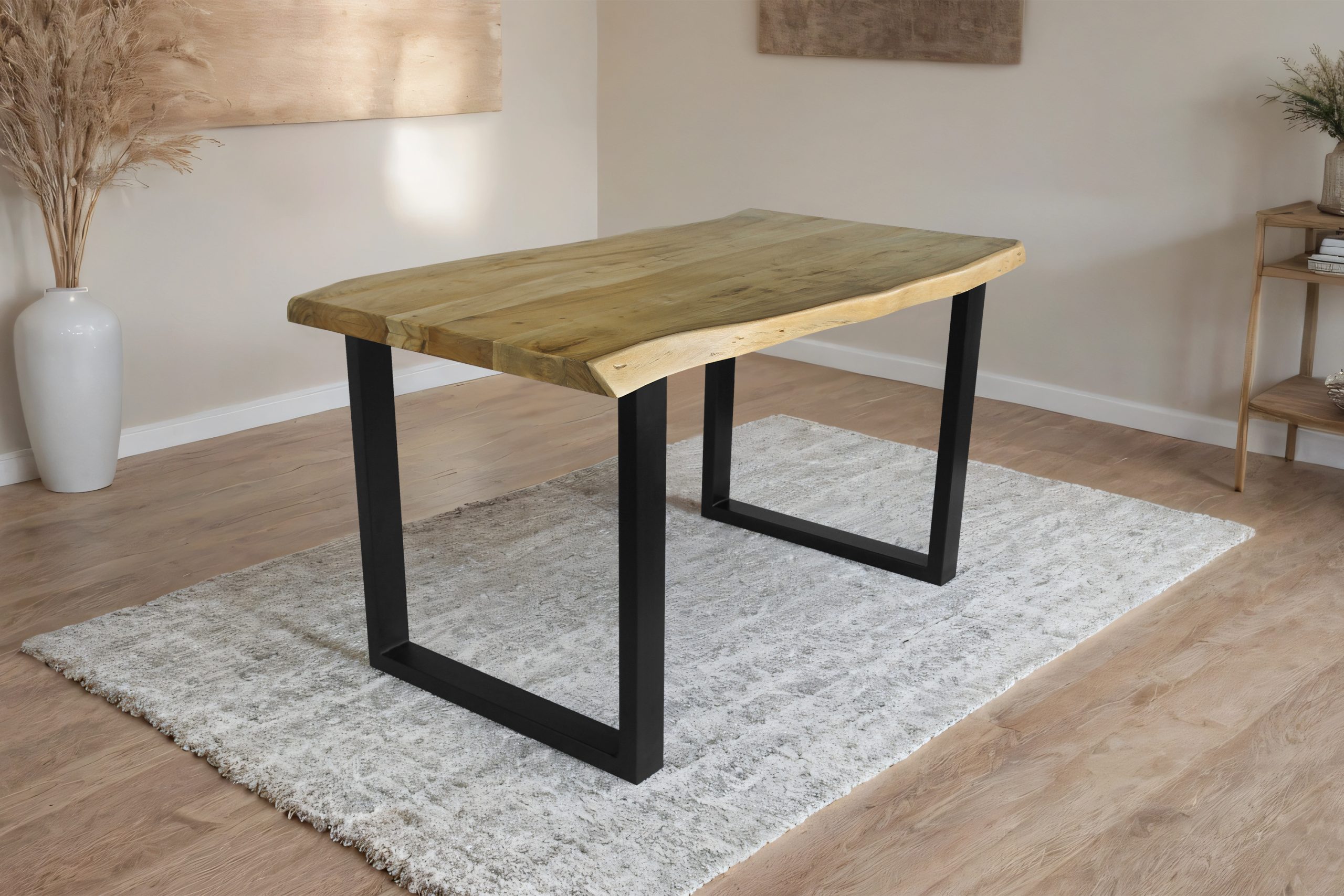 Esstisch Baumkante Akazie massiv 50mm Eichefarben 120 x 80 cm U-Gestell schwarz CALI