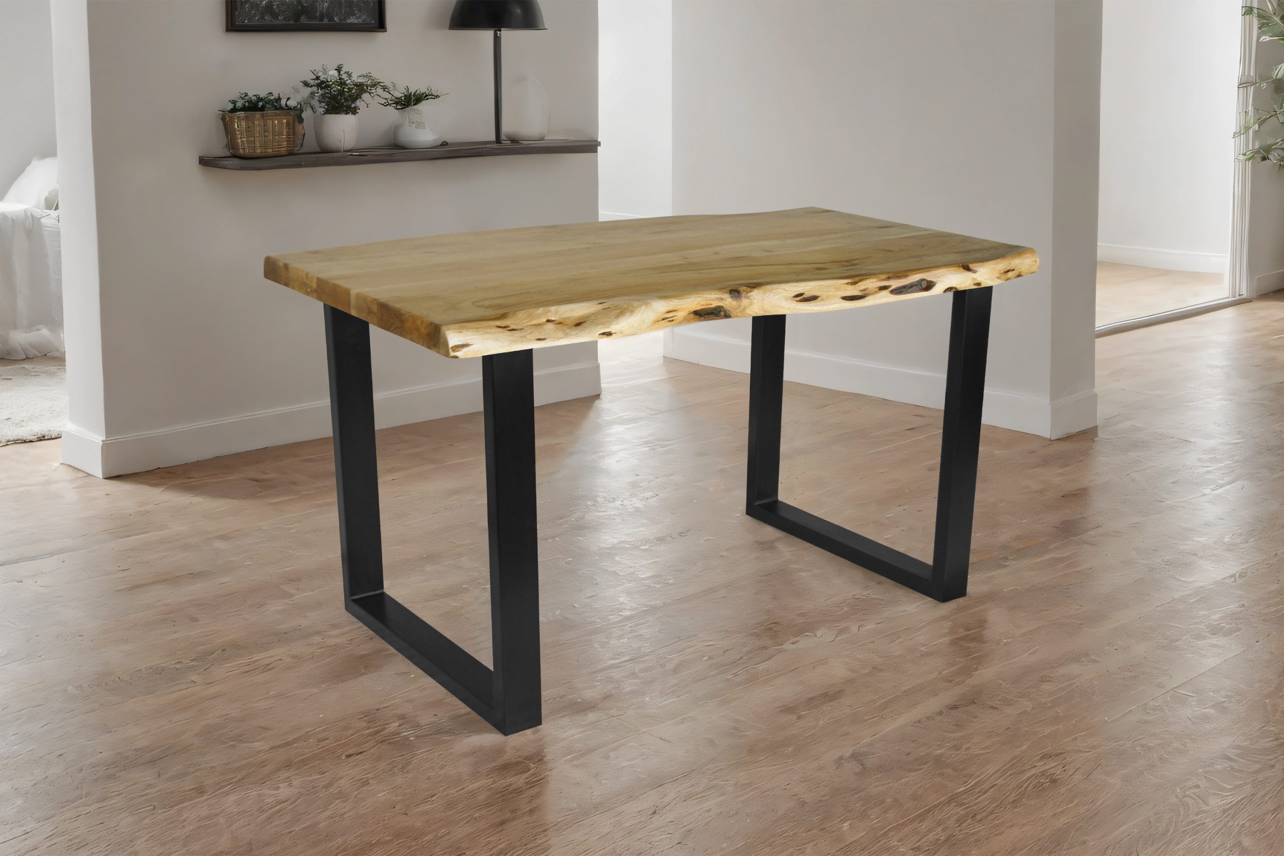 Esstisch Baumkante Akazie massiv 50mm Eichefarben 140 x 80 cm U-Gestell schwarz CALI