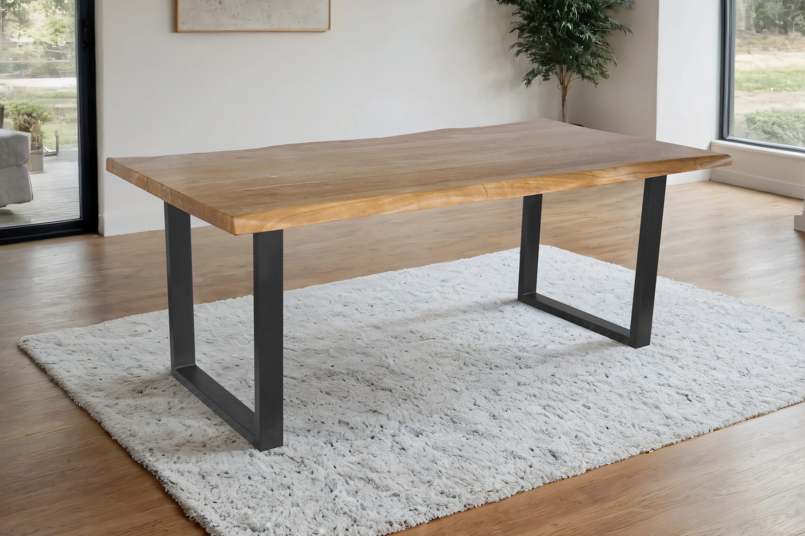 Esstisch Baumkante Akazie massiv 50mm Eichefarben 200 x 100 cm U-Gestell schwarz CALI