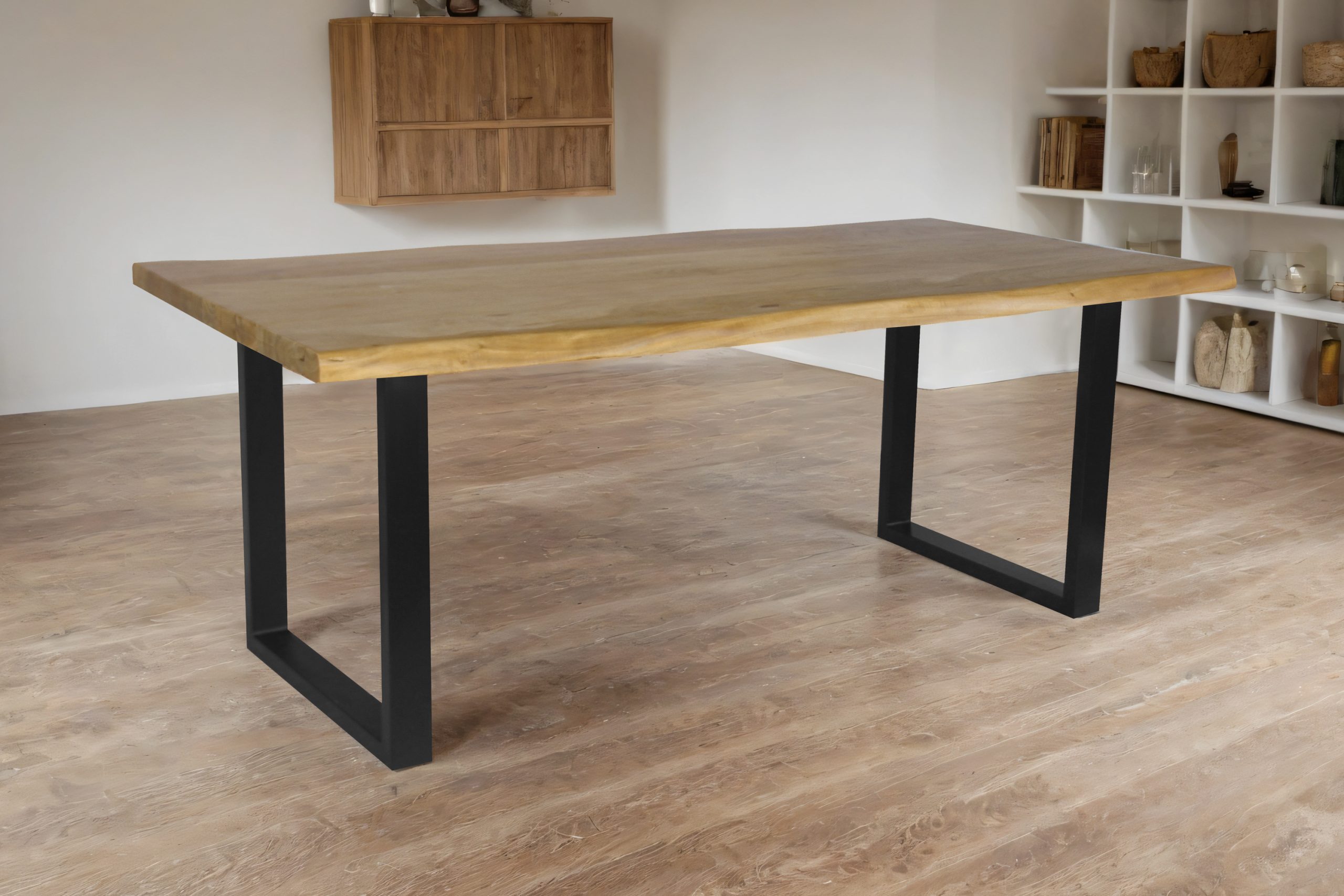 Esstisch Baumkante Akazie massiv 50mm Eichefarben 220 x 100 cm U-Gestell schwarz CALI