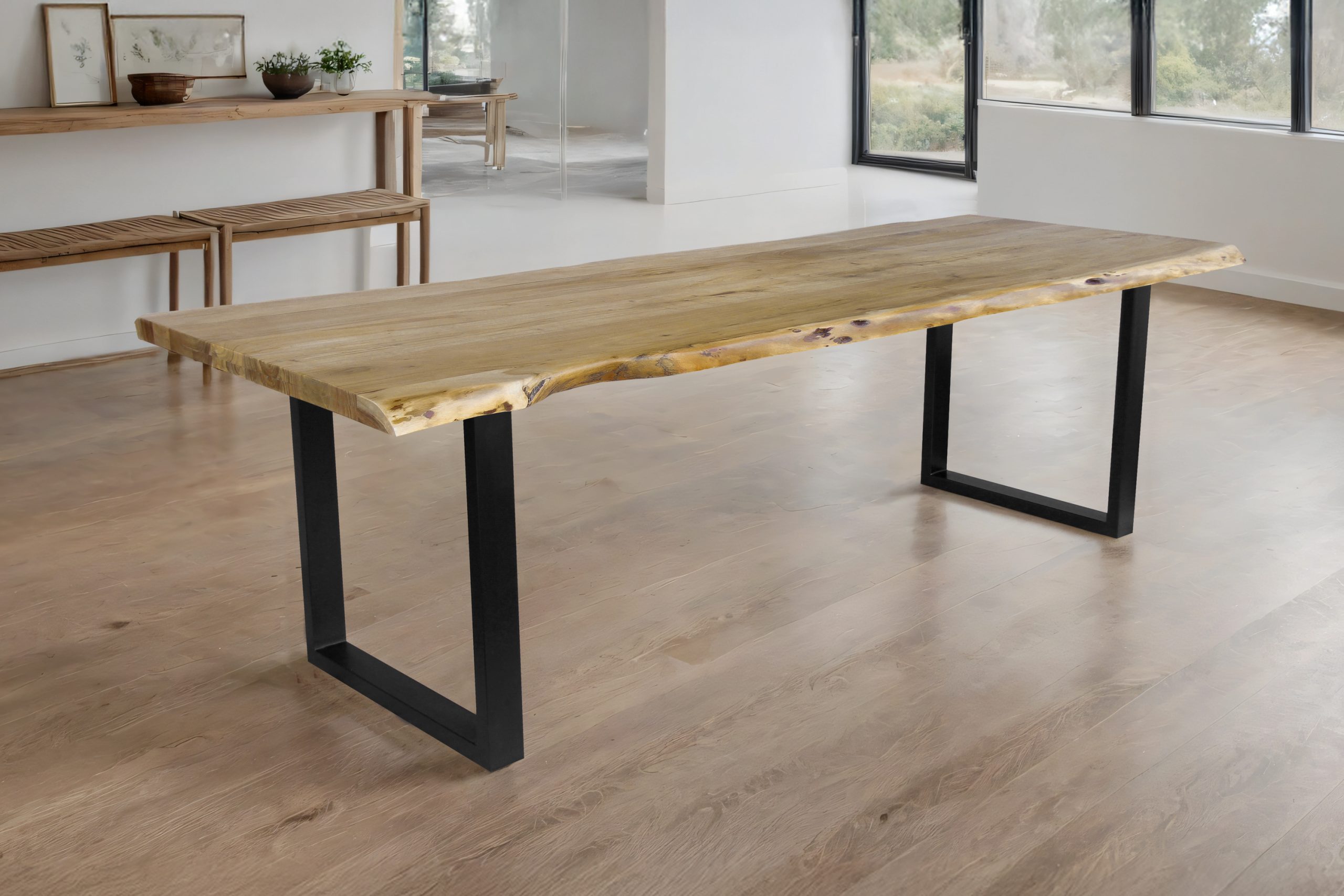 Esstisch Baumkante Akazie massiv 50mm Eichefarben 260 x 100 cm U-Gestell schwarz CALI