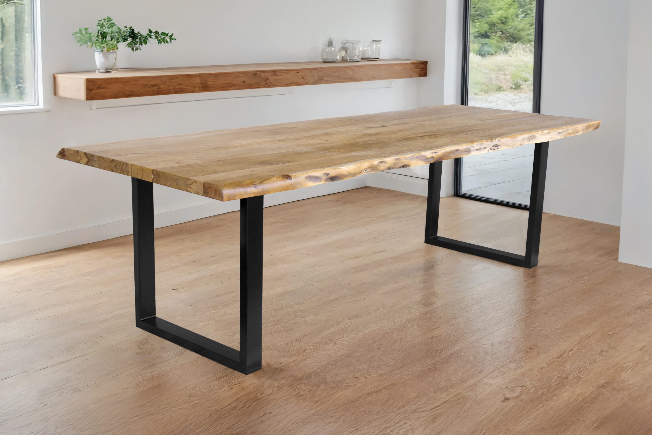 Esstisch Baumkante Akazie massiv 50mm Eichefarben 300 x 100 cm U-Gestell schwarz CALI