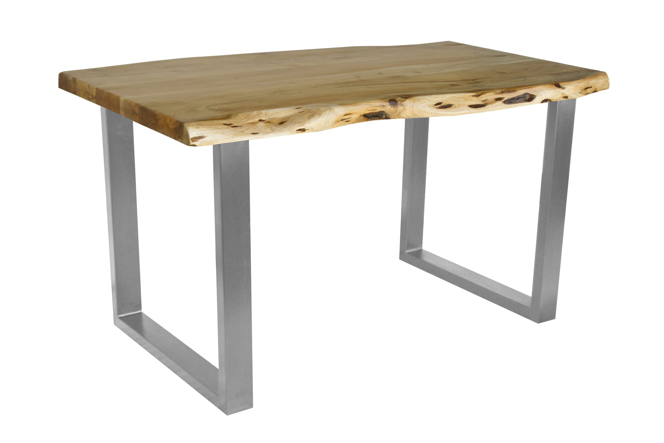 Esstisch Baumkante Akazie massiv 50mm Eichefarben 140 x 80 cm U-Gestell silber CALI – Bild 2