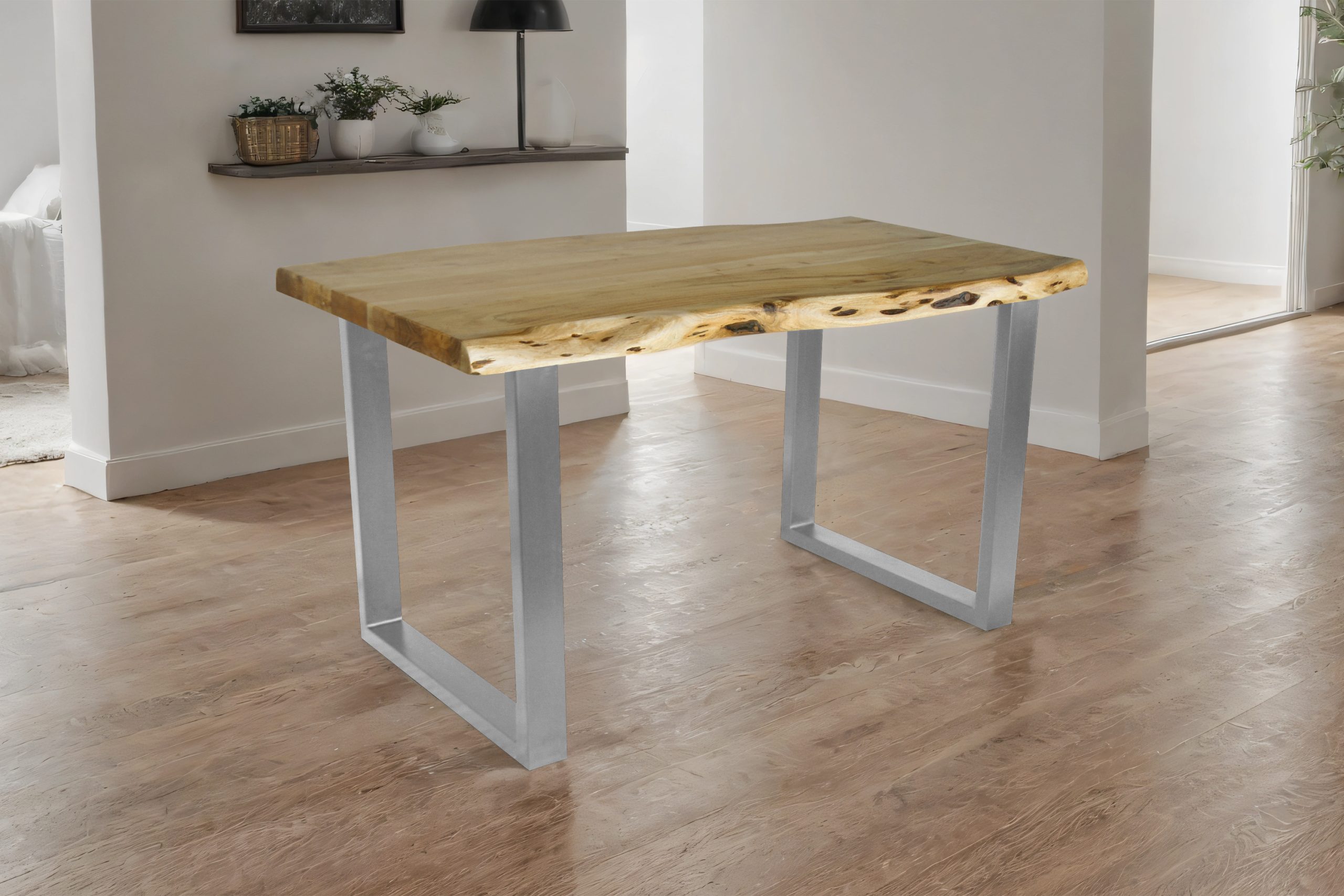 Esstisch Baumkante Akazie massiv 50mm Eichefarben 140 x 80 cm U-Gestell silber CALI