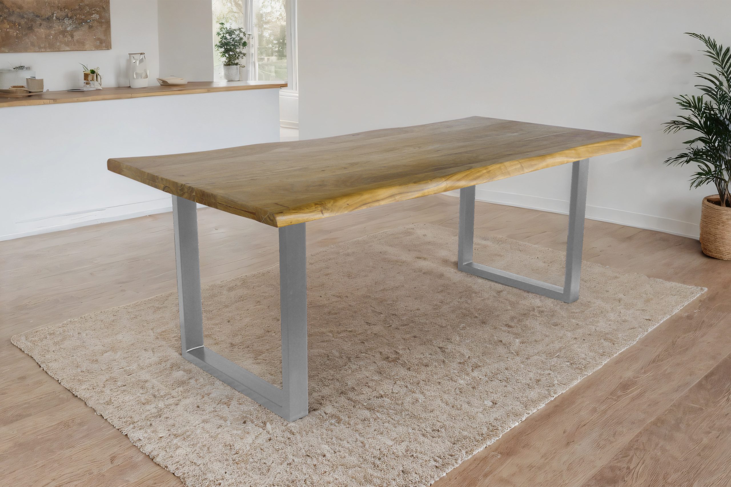 Esstisch Baumkante Akazie massiv 50mm Eichefarben 180 x 90 cm U-Gestell silber CALI
