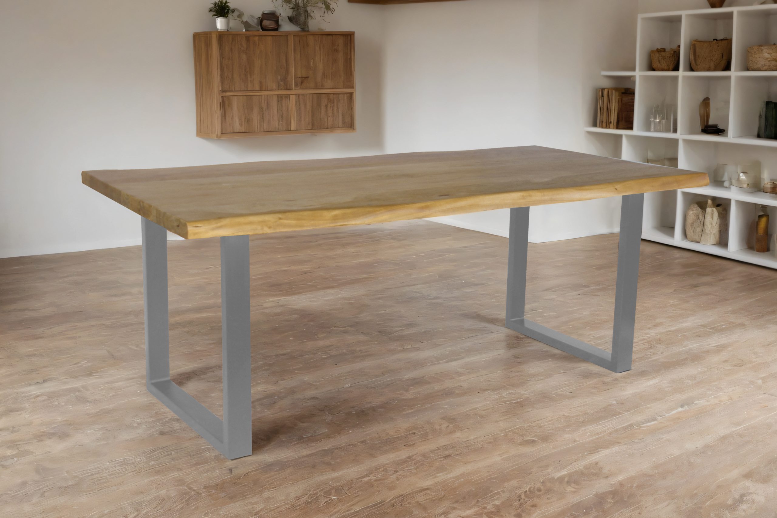 Esstisch Baumkante Akazie massiv 50mm Eichefarben 220 x 100 cm U-Gestell silber CALI