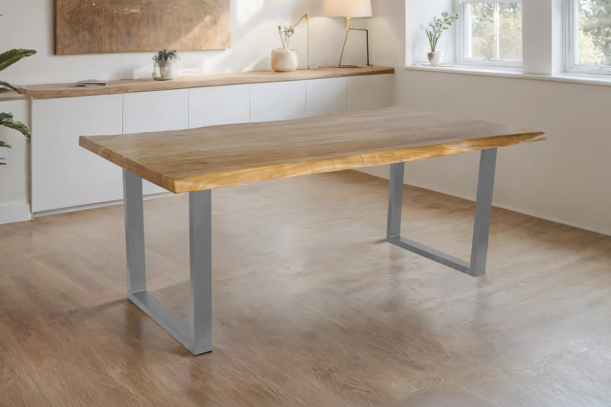 Esstisch Baumkante Akazie massiv 50mm Eichefarben 240 x 100 cm U-Gestell silber CALI