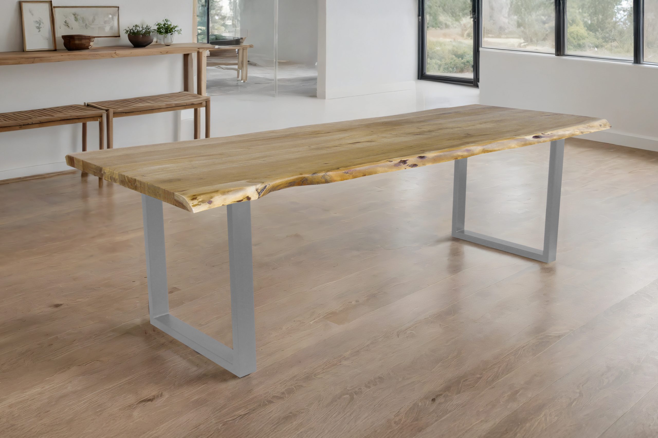 Esstisch Baumkante Akazie massiv 50mm Eichefarben 260 x 100 cm U-Gestell silber CALI