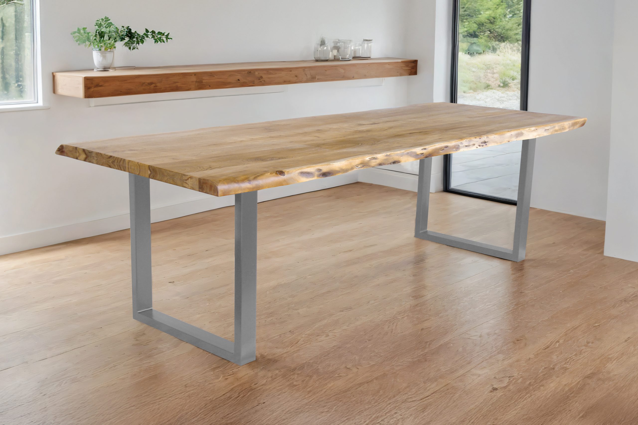 Esstisch Baumkante Akazie massiv 50mm Eichefarben 300 x 100 cm U-Gestell silber CALI