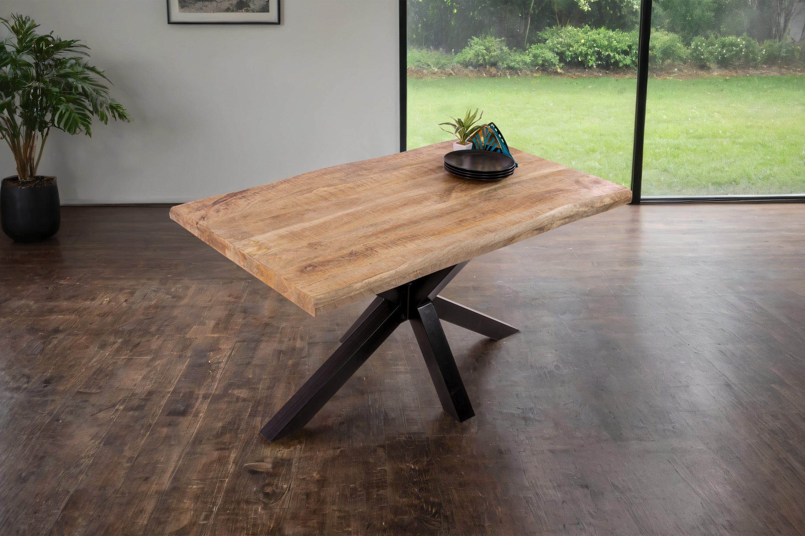 B-Ware Esstisch Baumkante 140 x 80 cm Mangoholz Rough Spider-Gestell schwarz CALI