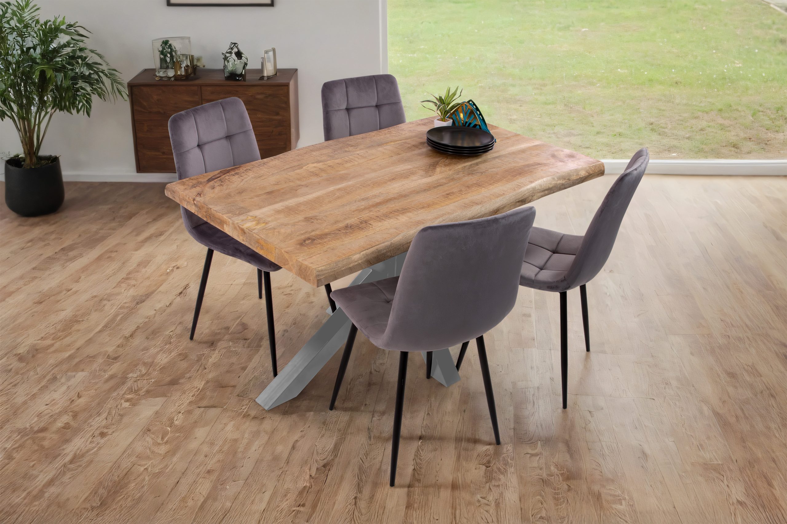 Esstisch Baumkante 140 x 80 cm Mangoholz Rough Spider-Gestell silber CALI – Bild 7