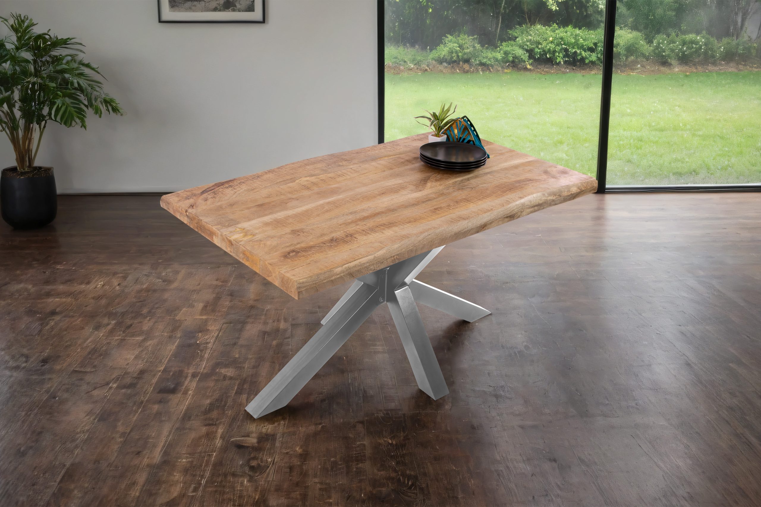 B-Ware Esstisch Baumkante 160 x 85 cm Mangoholz Rough Spider-Gestell silber CALI