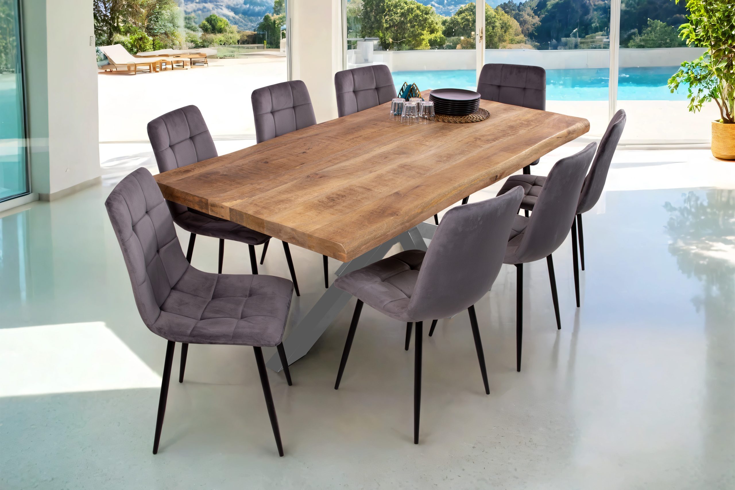 Esstisch Baumkante 180 x 90 cm Mangoholz Rough Spider-Gestell silber CALI – Bild 7