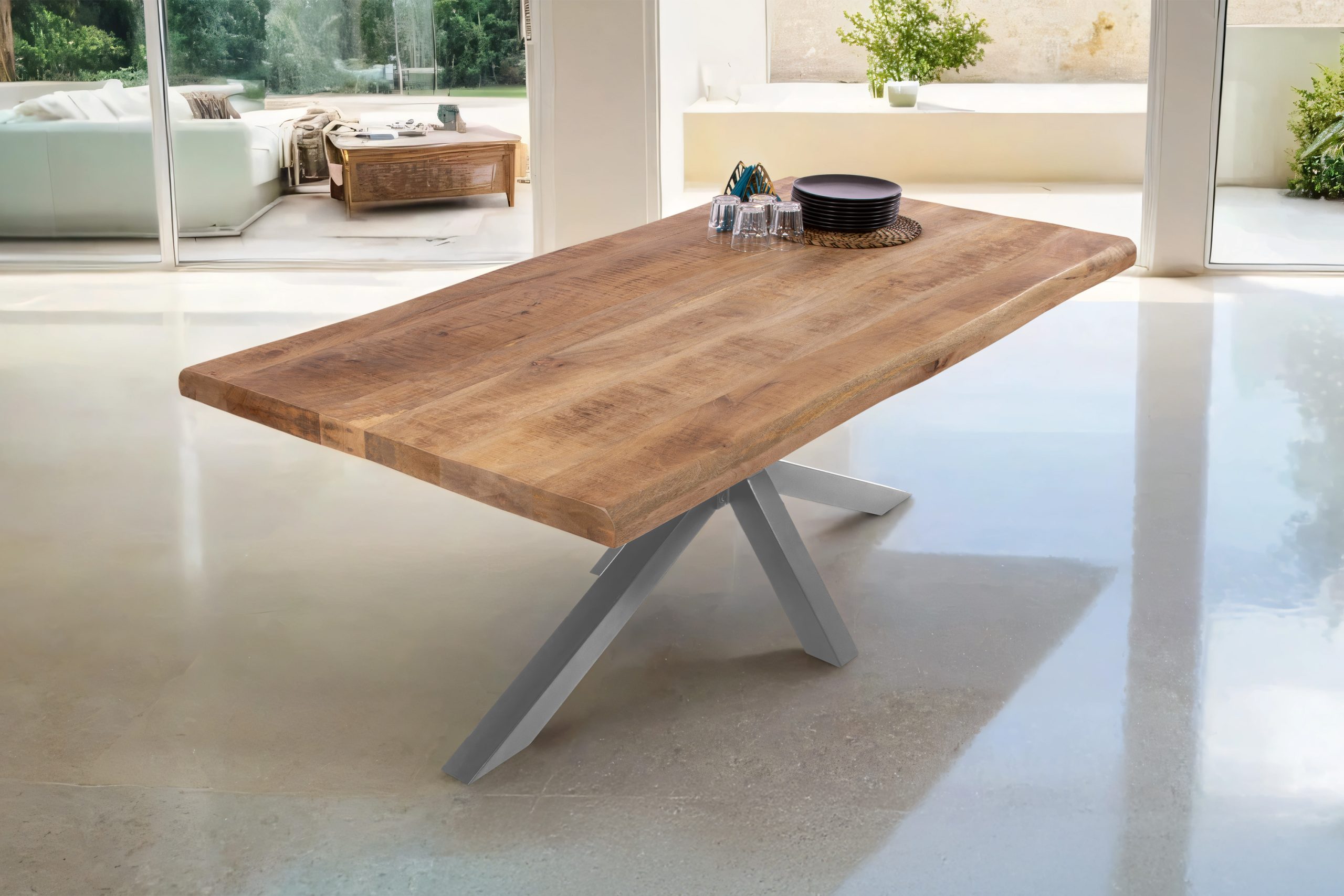 Esstisch Baumkante 200 x 100 cm Mangoholz Rough Spider-Gestell silber CALI