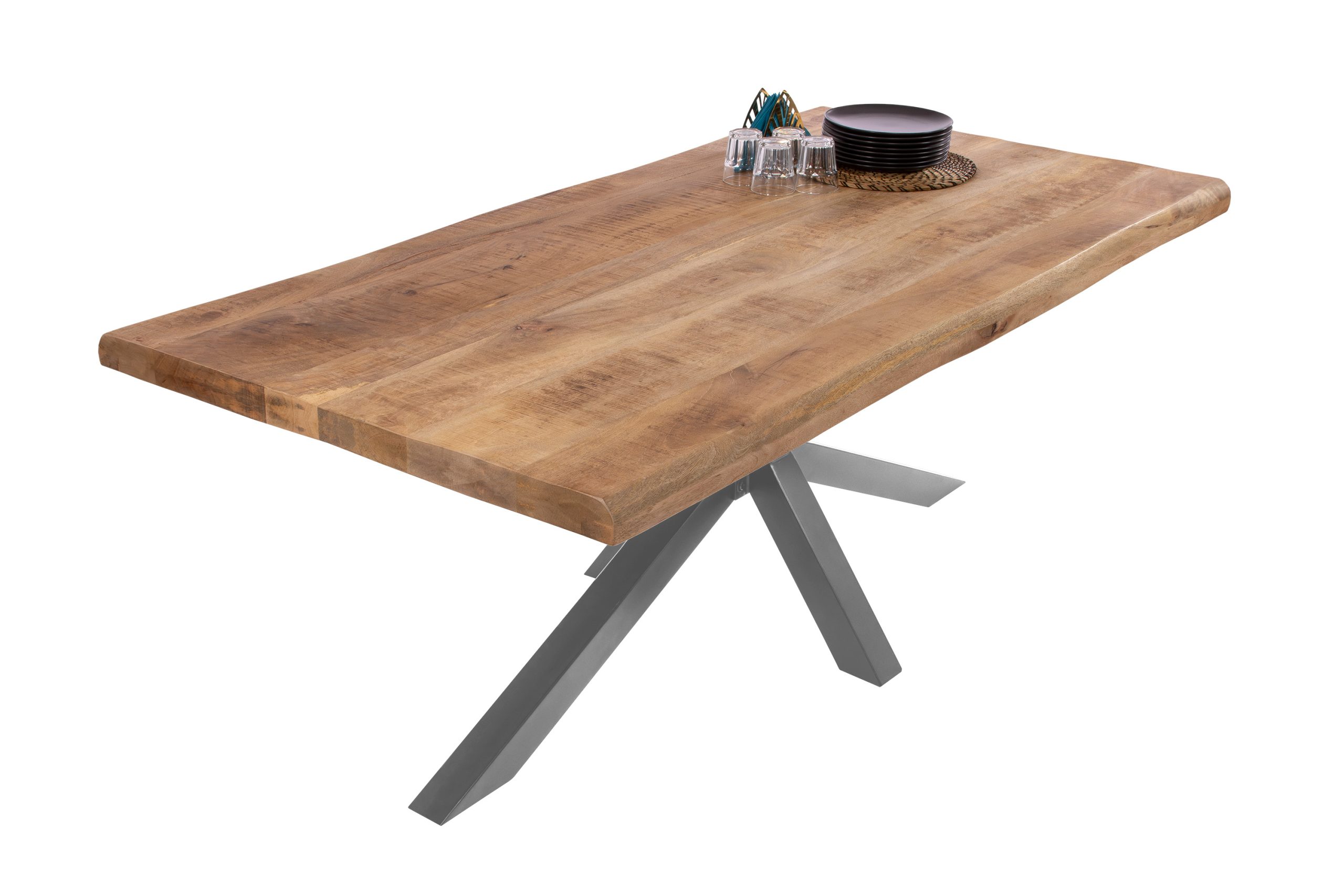 B-Ware Esstisch Baumkante 200 x 100 cm Mangoholz Rough Spider-Gestell silber CALI – Bild 3