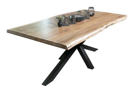 B-Ware Esstisch Baumkante Akazie massiv 50mm Natur 220 x 100 cm Spider-Gestell schwarz CALI