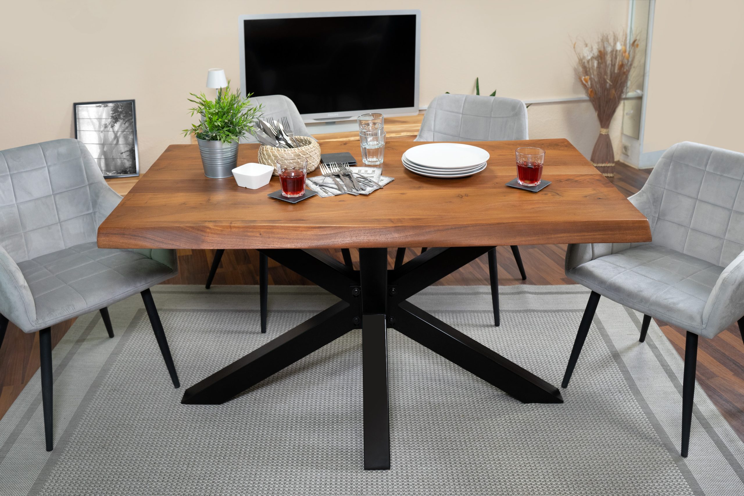 B-Ware Esstisch Baumkante Akazie massiv 50mm Nussbaum 160 x 85 cm Spider-Gestell schwarz CALI – Bild 3