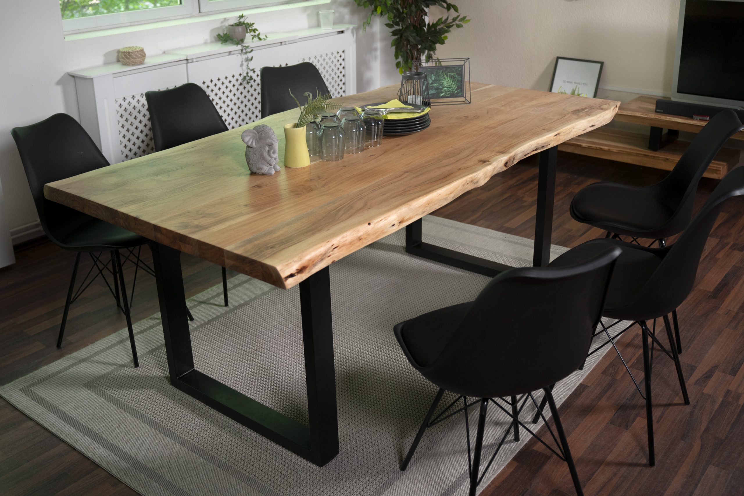 Esstisch Baumkante Akazie massiv 50mm Natur 220 x 100 cm U-Gestell schwarz CALI – Bild 6
