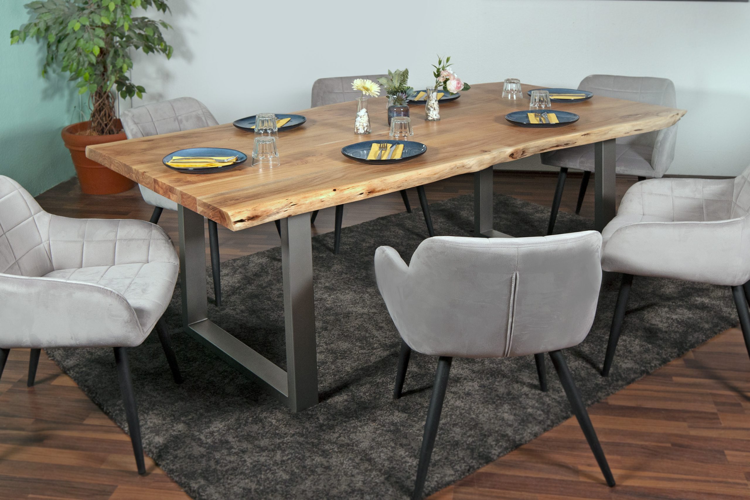 Esstisch Baumkante 280 x 120 cm Akazie Natur massiv U-Gestell silber CALINDA – Bild 5