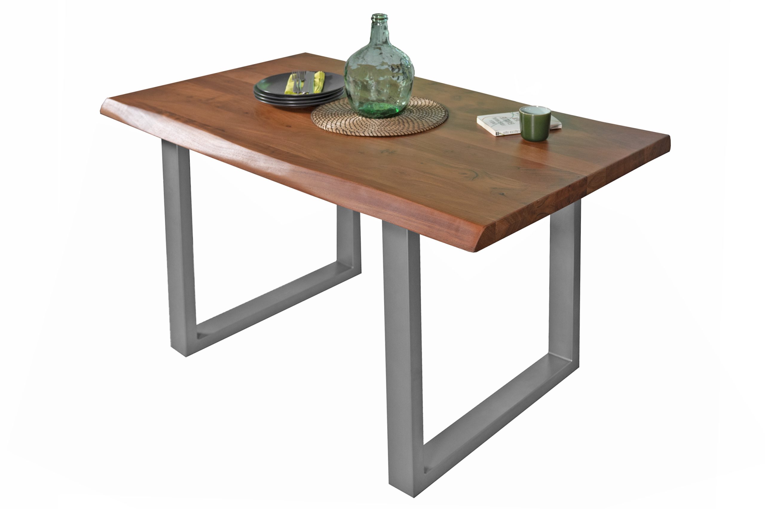 Esstisch Baumkante Akazie massiv 50mm Nussbaum 140 x 80 cm U-Gestell silber CALI – Bild 2
