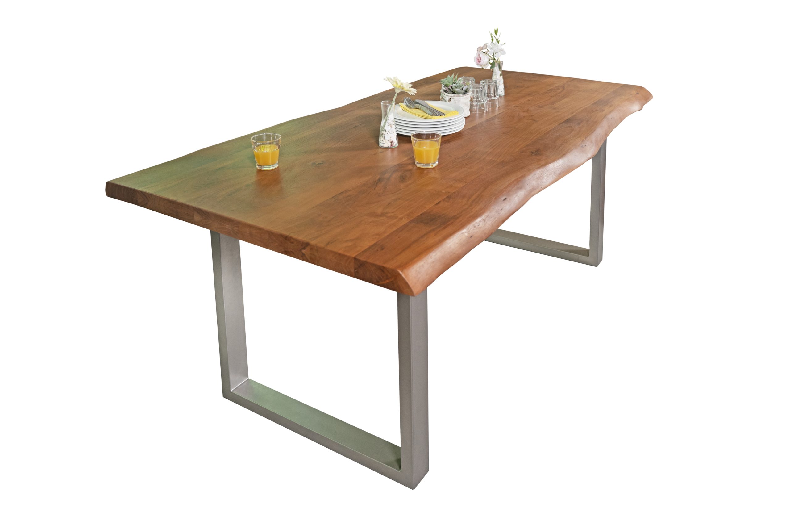 Esstisch Baumkante Akazie massiv 50mm Nussbaum 220 x 100 cm U-Gestell silber CALI – Bild 3