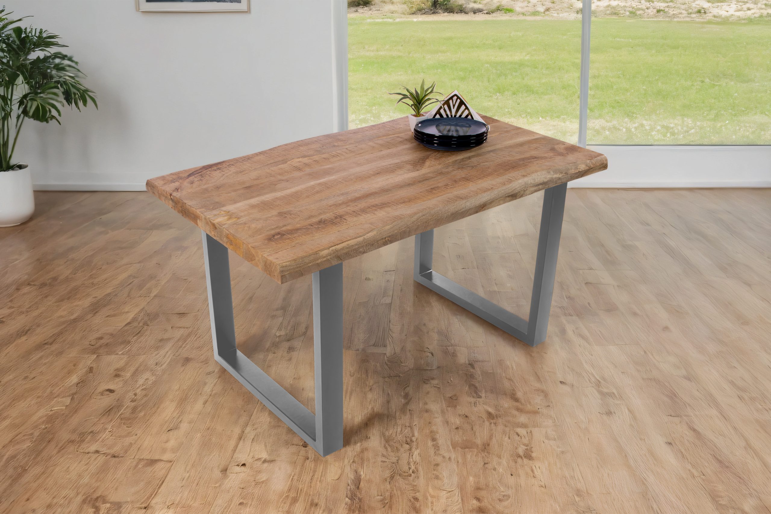 B-Ware Esstisch Baumkante 120 x 80 cm Mangoholz Rough U-Gestell silber CALI