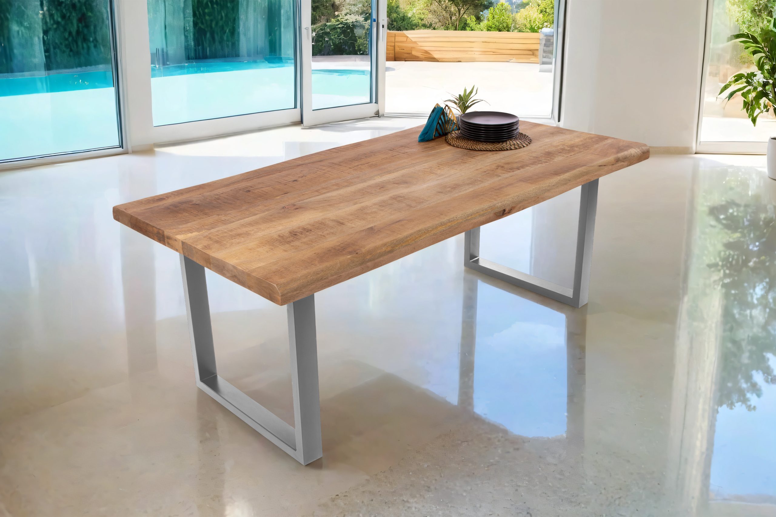 B-Ware Esstisch Baumkante 220 x 100 cm Mangoholz Rough U-Gestell silber CALI