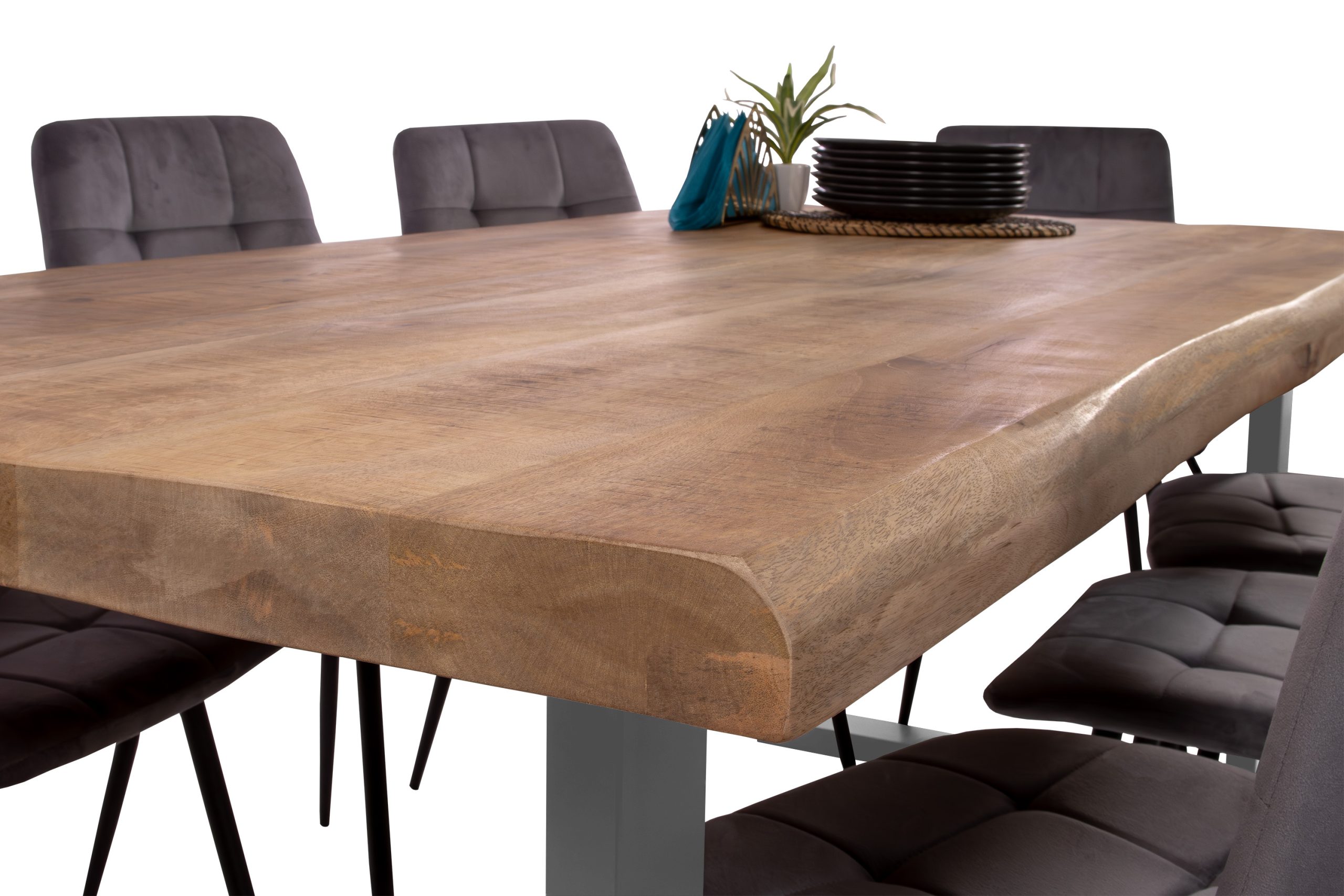 B-Ware Esstisch Baumkante 220 x 100 cm Mangoholz Rough U-Gestell silber CALI – Bild 5