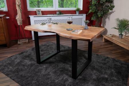 B-Ware Esstisch Baumkante Akazie massiv 50mm Natur 140 x 80 cm U-Gestell schwarz CALI