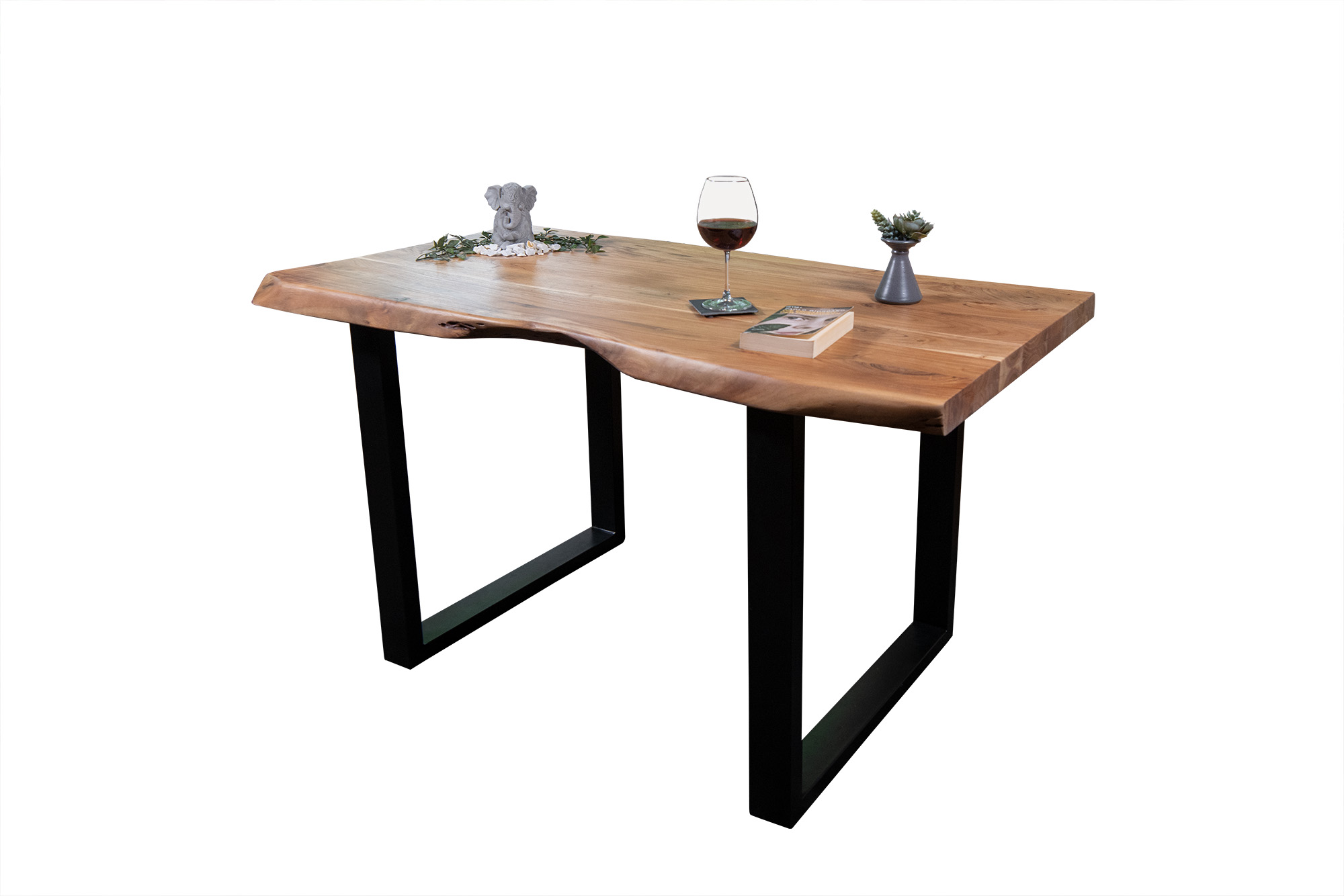 B-Ware Esstisch Baumkante Akazie massiv 50mm Natur 220 x 100 cm U-Gestell schwarz CALI – Bild 3