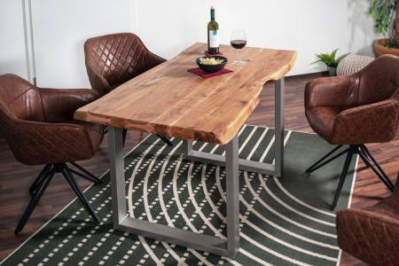 B-Ware Esstisch Baumkante Akazie massiv 50mm Natur 240 x 100 cm U-Gestell silber CALI