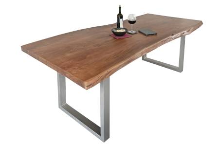 B-Ware Esstisch Baumkante Akazie massiv 50mm Nussbaum 300 x 100 cm U-Gestell silber CALI