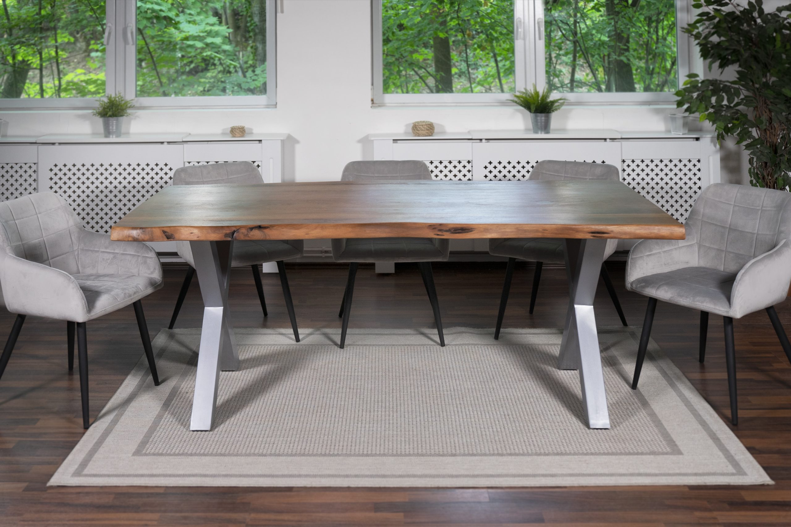 Esstisch Baumkante 280 x 120 cm Akazie Nussbaum massiv X-Gestell silber CALINDA – Bild 5